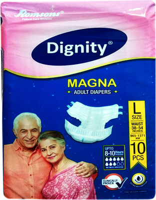 

ROMSONS DIGNITY MAGNA ADULT DIAPERS, SIZE LARGE, 10 Pcs. PACK, FOR WAIST SIZE 38"-54" INCHES Adult Diapers - L(10 Pieces)