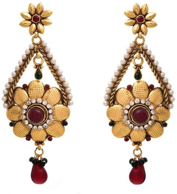 JFL Jewellery for Less Traditional Ethnic One Gram Gold Plated Floral Flower Austrian Diamond Pearl Red & Green Designer Copper Earring Set