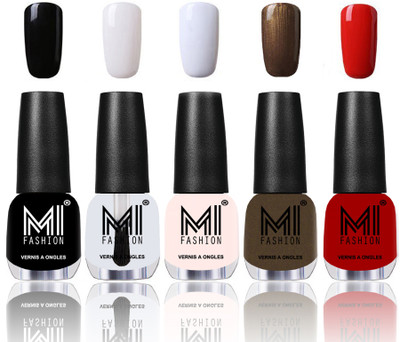 

MI Fashion Premium Quality Nail Polish Combo in 5 Unique Shades - Power Lasting and Extra Shine Glazing Golden,Crystal Clear,Milky White,Metallic Coffee & Shimmery Silver(Pack of 5)