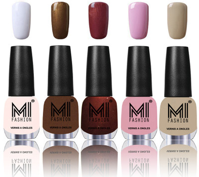 

MI Fashion Bold and Beautiful Combo of 5 Extra Shine Power Lasting Nail Polish Milky White ,Brown Coffee ,Metallic Maroon ,Light Lilac ,Nude Beigh(Pack of 5)