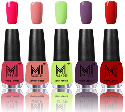 

MI Fashion Bold and Beautiful Combo of 5 Extra Shine Power Lasting Nail Polish Neon Pink ,Candy Cotton ,Lime Green ,Dark Purple ,Vampire Red(Pack of 5)