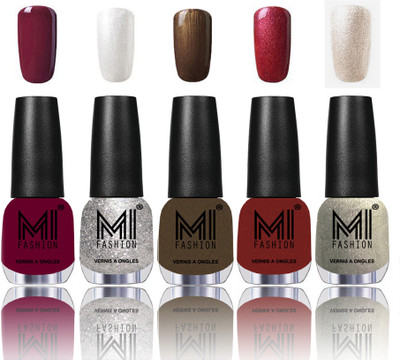 

MI Fashion Bold and Beautiful Combo of 5 Extra Shine Power Lasting Nail Polish Deep Red ,Shimmery Silver ,Metallic Coffee ,Lava Lust ,Ginger Rust(Pack of 5)