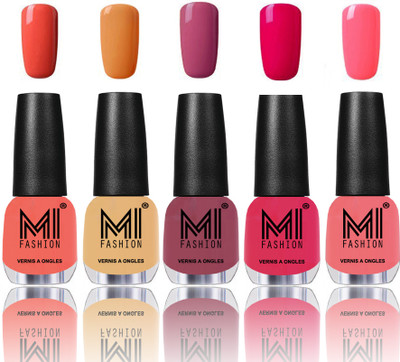 

MI Fashion Bold and Beautiful Combo of 5 Extra Shine Power Lasting Nail Polish Peach,Flirty nude,Mauve brown,Moon magenta,Pink mania(Pack of 5)