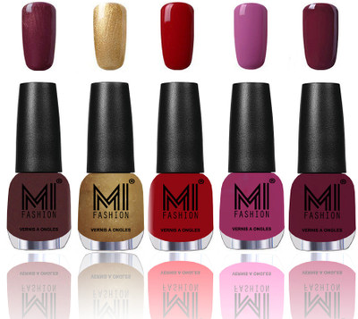 

MI Fashion Premium Quality Nail Polish Combo in 5 Unique Shades - Power Lasting and Extra Shine Shimmer Coffee,Delightfully Golden,Carror Red,Pucker Up Plum and Wonder Wine(Pack of 5)