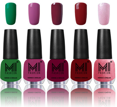 

MI Fashion Bold and Beautiful Combo of 5 Extra Shine Power Lasting Nail Polish Emerald Green ,Pucker Up Plum ,Deep Red ,Mighty Maroon ,Shining Pink(Pack of 5)