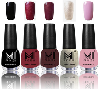 

MI Fashion Bold and Beautiful Combo of 5 Extra Shine Power Lasting Nail Polish Jet Black ,Metallic Red-Gold ,Shimmer Coffee ,Ginger Rust ,Light Lilac(Pack of 5)