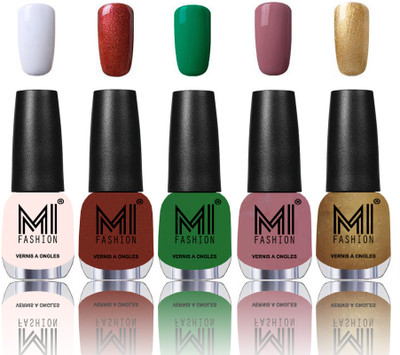 

MI Fashion Bold and Beautiful Combo of 5 Extra Shine Power Lasting Nail Polish Milky White ,reddish bronze ,Emerald Green ,Nudes Spring ,Delightfully Golden(Pack of 5)