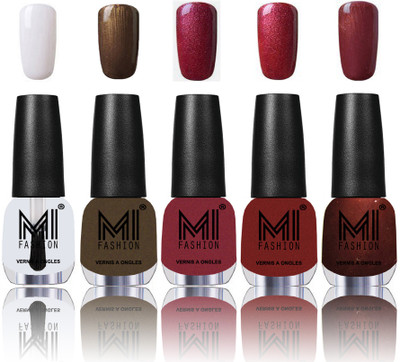

MI Fashion Bold and Beautiful Combo of 5 Extra Shine Power Lasting Nail Polish Crystal Clear ,Metallic Coffee ,Metallic Red-Gold ,Lava Lust ,Metallic Maroon(Pack of 5)