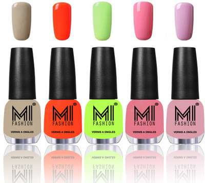 

MI Fashion Premium Quality Nail Polish Combo in 5 Unique Shades - Power Lasting and Extra Shine Nude Beigh,Candy Coral,Lime Green,Neon Pink,Light Lilac(Pack of 5)