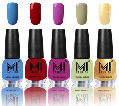 

MI Fashion Bold and Beautiful Combo of 5 Extra Shine Power Lasting Nail Polish Ocean Blue ,Daring Red ,Bright Plum ,Mischievous Mint ,Glazing Golden(Pack of 5)
