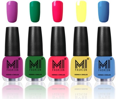MI FASHION Premium Quality Nail Polish Combo in 5 Unique Shades - Power Lasting and Extra Shine Combo No-01 Bright Plum,Emerald Green,Neon Pink,Pastel Yellow and Ocean Blue(Pack of 5)