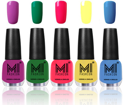 

MI Fashion Premium Quality Nail Polish Combo in 5 Unique Shades - Power Lasting and Extra Shine Bright Plum,Emerald Green,Neon Pink,Pastel Yellow and Ocean Blue(Pack of 5)