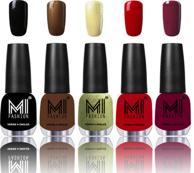 

MI Fashion Bold and Beautiful Combo of 5 Extra Shine Power Lasting Nail Polish Jet Black ,Brown Coffee ,Metallic Olive Green ,Sinfully Red ,Deep Red(Pack of 5)