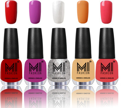 

MI Fashion Bold and Beautiful Combo of 5 Extra Shine Power Lasting Nail Polish Rouge Red,Bright Plum,Shimmery Silver,Flirty nude,Light pink(Pack of 5)