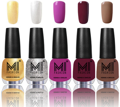 

MI Fashion Bold and Beautiful Combo of 5 Extra Shine Power Lasting Nail Polish Glazing Golden ,Shimmery Silver ,Bright Plum ,Wonder Wine ,Muddy Nude(Pack of 5)