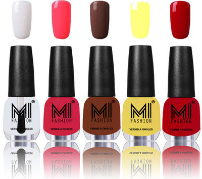 

MI Fashion Bold and Beautiful Combo of 5 Extra Shine Power Lasting Nail Polish Crystal Clear ,Carrot Red ,Olive Brown ,Pastel Yellow ,Sinfully Red(Pack of 5)