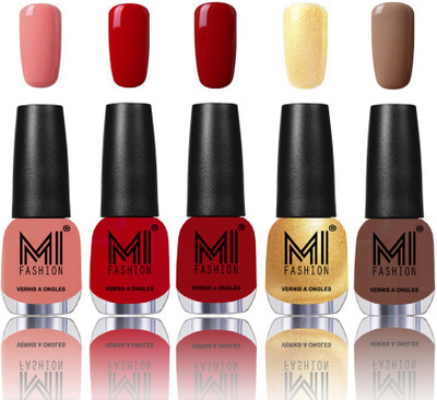 

MI Fashion Bold and Beautiful Combo of 5 Extra Shine Power Lasting Nail Polish Candy Cotton ,Sinfully Red ,Daring Red ,Glazing Golden ,Muddy Nude(Pack of 5)