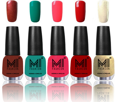 

MI Fashion Premium Quality Nail Polish Combo in 5 Unique Shades - Power Lasting and Extra Shine Reddish Bronze,Sea Green,Carrot Red,Rouge Red, Creamy Golden(Pack of 5)