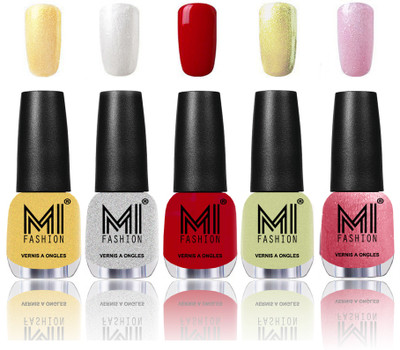 

MI Fashion Premium Quality Nail Polish Combo in 5 Unique Shades - Power Lasting and Extra Shine Glazing Golden,Shimmery Silver,Deep Red,Metallic Olive Green & Shining Pink(Pack of 5)