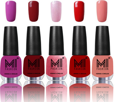 

MI Fashion Bold and Beautiful Combo of 5 Extra Shine Power Lasting Nail Polish Bright Plum ,Mighty Maroon ,Shining Pink ,Rouge Red ,Candy Cotton(Pack of 5)