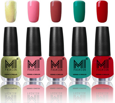

MI Fashion Bold and Beautiful Combo of 5 Extra Shine Power Lasting Nail Polish Metallic Olive Green ,Doll Pink ,Rustic TAN ,Sea Green ,Sinfully Red(Pack of 5)