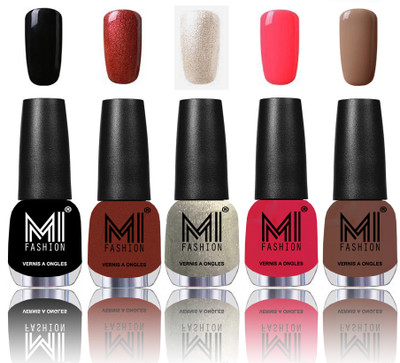 

MI Fashion Bold and Beautiful Combo of 5 Extra Shine Power Lasting Nail Polish Jet Black ,reddish bronze ,Ginger Rust ,Carrot Red ,Muddy Nude(Pack of 5)