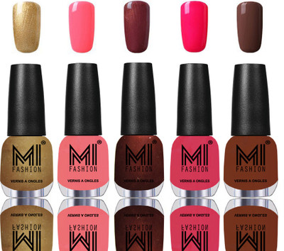 

MI Fashion Bold and Beautiful Combo of 5 Extra Shine Power Lasting Nail Polish Delightfully Golden,Pink mania,Metallic Maroon,Neon Pink,Olive Brown(Pack of 5)