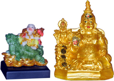 Vaah Laxmi Kuber Murti and Laughing Buddha Dragon Decorative Showpiece  -  15 cm(Brass, Yellow)