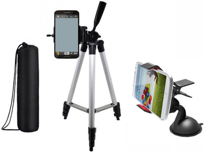 

LIFEMUSIC Portable Adjustable Aluminium Lightweight Camera Stand Tripod-3110 With Three-Dimensional Head & Quick Release Plate For Video Cameras and mobile, With Mobile Holder Clip Holder Tripod(Silver, Black, Supports Up to 1500 g)