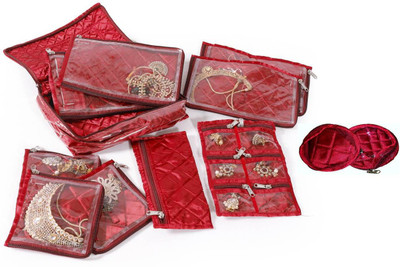 

HANDICRAFT-PALACE Jewellery Bag Kit with 11 Transparent Pouches (Maroon) Storage Bag Vanity Box(Maroon)