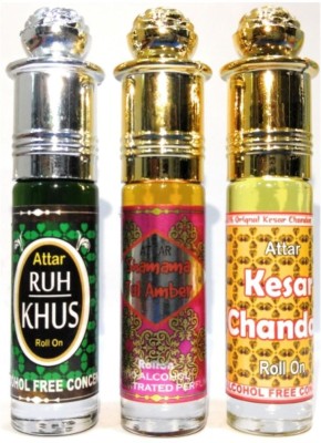 INDRA SUGANDH Combo Pack~Free a 30Ml Perfume Spray on Combo (RUH KHUS, SHAMAMA TUL AMBER, KESAR CHANDAN) Floral Attar(Amber)