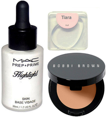 

tiara Silicon Puff , Mac Prep+Prime Highlight Skin base Visage , Bobbi brown Concealer(Set of 3)