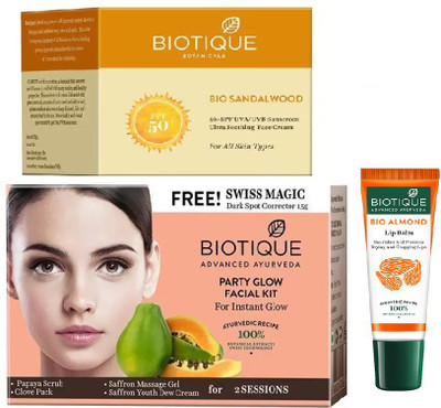 

BIOTIQUE BIO Sandalwood 50+ Spf Sunscreen Ultra Soothing Face Cream, Bio Party Glow Facial Kit,LIP CARE(Set of 3)