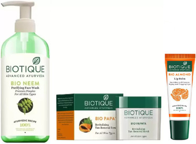

BIOTIQUE BIO Neem Purifying Face Wash, Bio Papaya Revitalizing Tan Removal Scrub, LIP CARE(Set of 3)