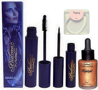 

tiara Silicon Puff , Mac Padma Eyeliner And Mascara , Prep+Prime Highlight(Set of 4)
