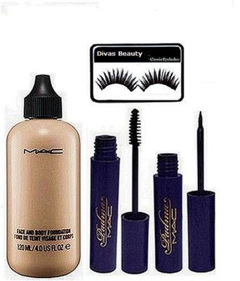 

Divas Beauty Eyelashes, Mac Face and Body Foundation, Mac Padma Eyeliner and Mascara(Set of 4)