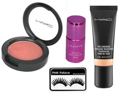 

pink palace eyelashes, Mac Blusher,Pro Long Wear Nourshing Waterproof Foundation, Lakme Mirror Nail Paint(Set of 4)