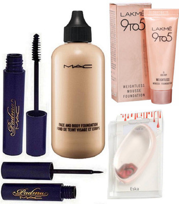 

eska Silicon Puff,Mac face & Body Foundation, padma Eyeliner & Mascara,Lakme Weightless Mousse Foundation(Set of 5)