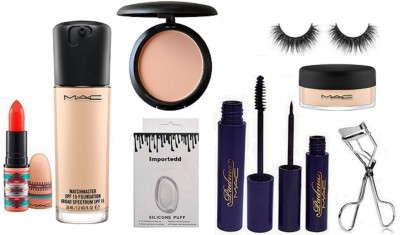 

importedd Silicon Puff & Matchmaster Foundation & Compact & Padma Eyeliner & Mascara & Curler & Eyelashes & White Prime Lipstick & Loose Powder(Set of 9)