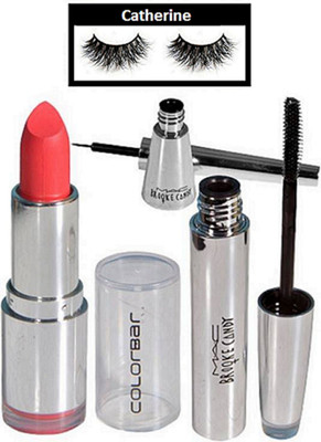 

catherine Eyelashes, Mac Brook Candy Eyeliner and Mascara, Colorbar Lipstick(Set of 4)