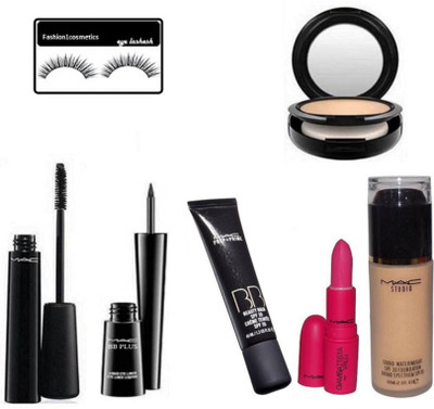 

FASHION1COSMETICS Combo of mac compact,prep+prime bb cream,eyeliner,mascara,lipstick,foundation and eyelashes(Set of 7)