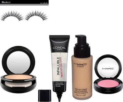 

BLACK EYE Eyelashes, Mac Studio Fix Compact, Waterweight Foundation, Blusher With L'oreal Prime(Set of 5)