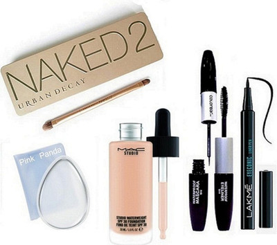 

Pink panda Silicon Puff, Naked 2 Eyeshadow Pallete, Studio Waterweight Foundation, Lakme Eyeconic Eyeliner, Coloerbaar Eyeliner & Mascara(Set of 6)