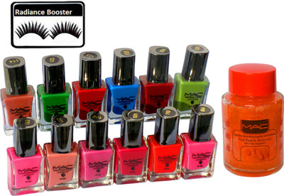 radiance booster Eyelashes & Mac Nail Paint (Pack Of 12) & Nail Paint Remover(Set of 14)