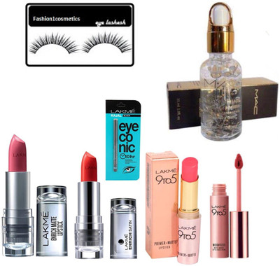 

FASHION1COSMETICS Combo kit of lakme eyeconic kajal,enrich lipstick,primer+matte lipstick,liquid matte lipstick,mac smoothing perfecting primer with eyelashes (Set of 7)(Set of 7)
