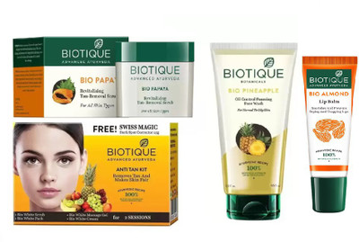 

BIOTIQUE BIO Papaya Revitalizing Tan Removal Scrub, Bio Anti Tan Facial Kit, Bio Pineapple Oil Control Foaming Face Wash , LIP CARE(Set of 4)