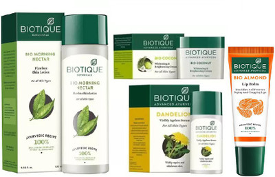 

BIOTIQUE BIO Morning Nectar Flawless Skin Lotion For All Skin Types, Bio Coconut Cream, Bio Dandelion Ageless Lightening Serum, LIP BALM(Set of 4)