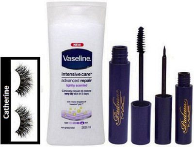 

catherine eyelashes, Mac padma eyeliner and mascara, vaseline intensive care advanced repair body lotion(Set of 4)