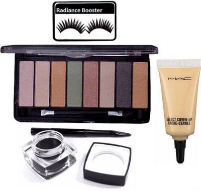 

radiance booster Eyelashes & Mac 8 Shades Eye shadow Palette & Select Cover Up Concealer & Fluid line Gel Eyeliner(Set of 4)