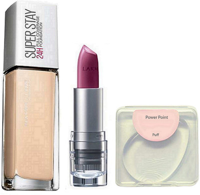 

power point silicone puff, maybelline new york super stay 24H full coverage foundation, inrich matte finish lipstick(Set of 3)